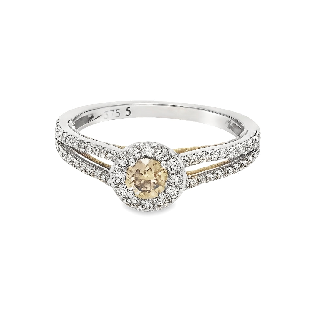 9ct White and Rose Gold Diamond Halo & Split Shank Ring. Design No: DTRG088.