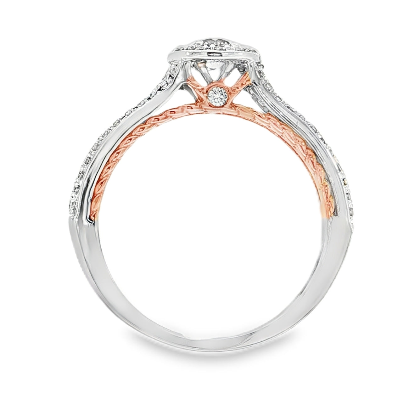 9ct White and Rose Gold Diamond Halo & Split Shank Ring. Design No: DTRG088.