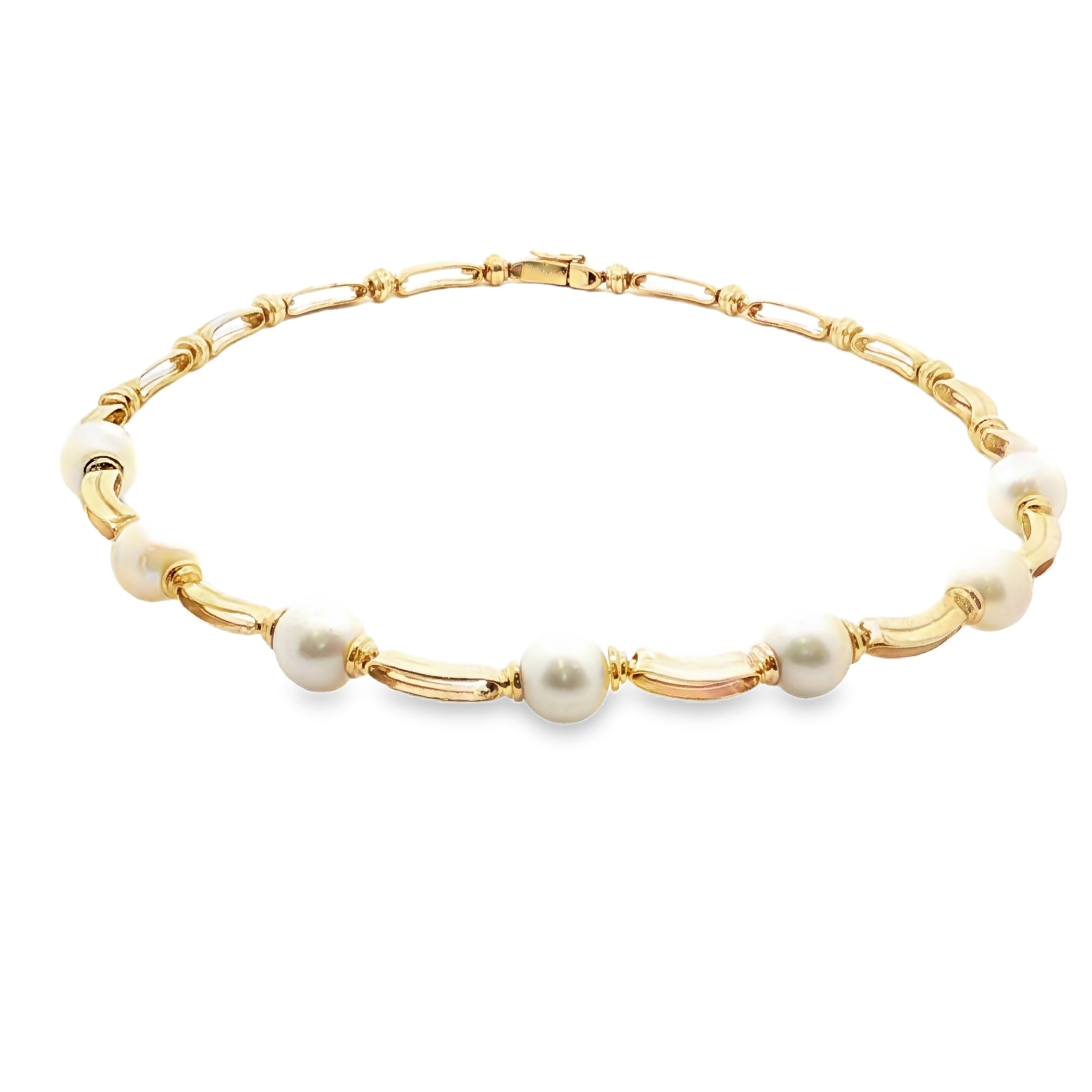 9ct Yellow Gold Gate Link Necklet with 7 Cultured Pearls. Design No: G43NPEARL-9