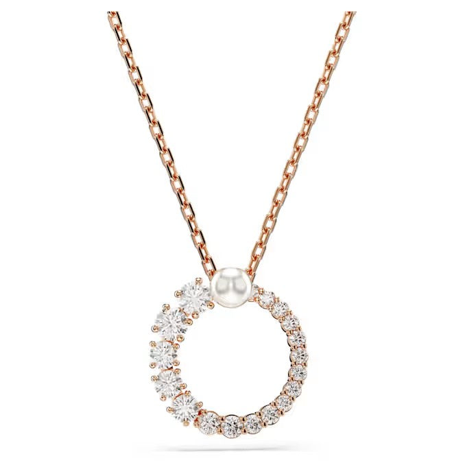 Matrix pendant, Crystal pearl, Round cut, White, Rose gold-tone plated. Design No: 5692265