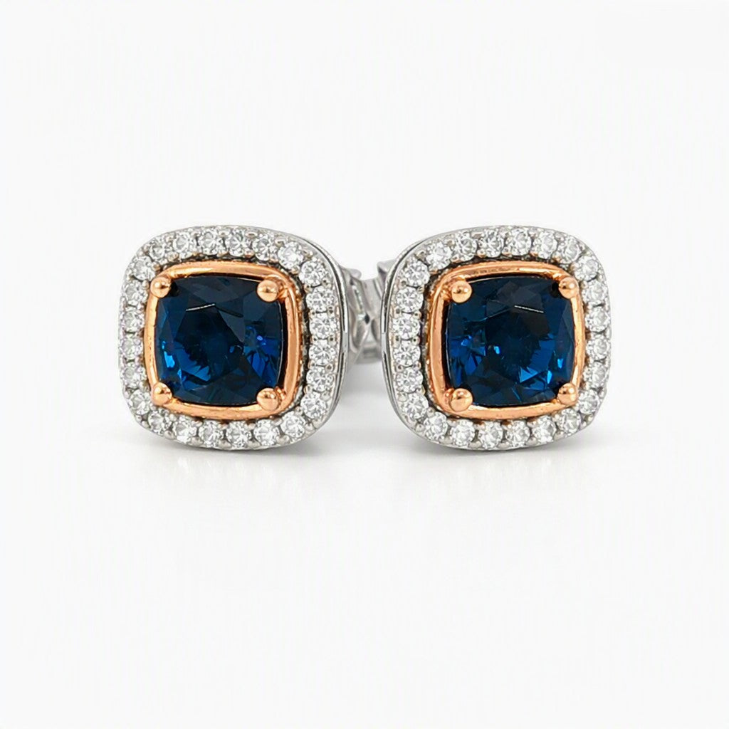 Ellani sterling silver london blue with rose‑gold setting & white cz halo stud earrings. Design: E012