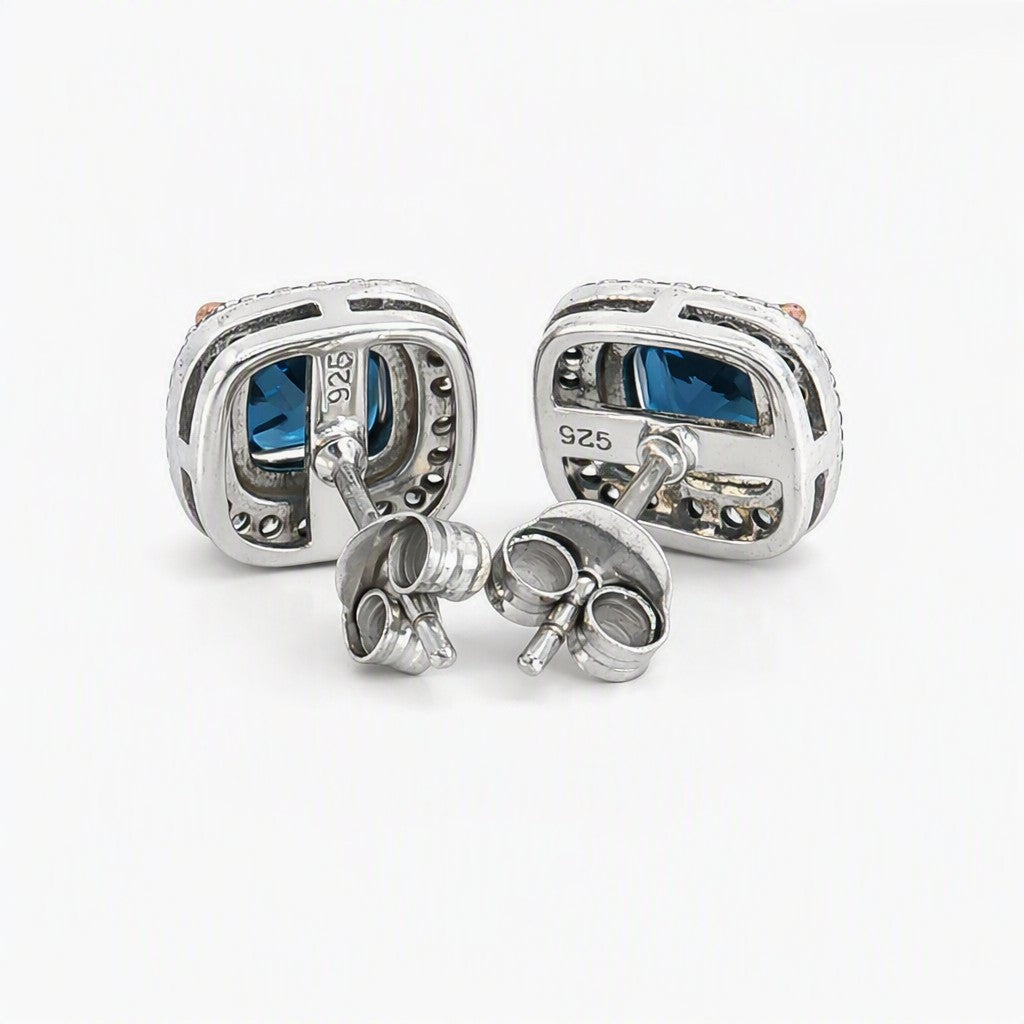 Ellani sterling silver london blue with rose‑gold setting & white cz halo stud earrings. Design: E012