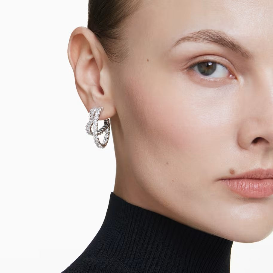 Matrix hoop earrings, Mixed cuts, Heart, White, Rhodium plated. Design No: 5705748