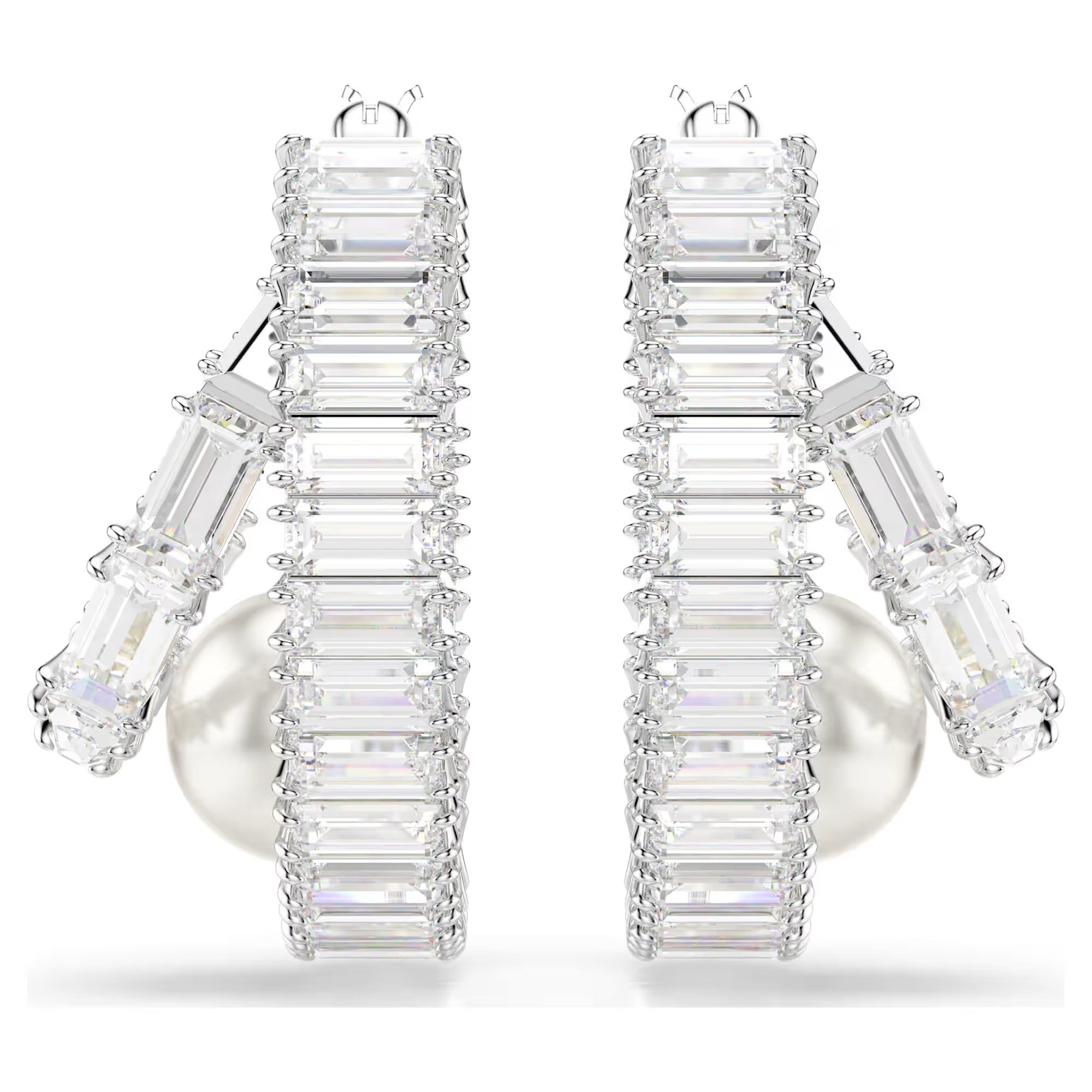 Ariana Grande x Swarovski hoop earrings Crystal pearl, Baguette cut, White, Rhodium plated Design Number 5720868