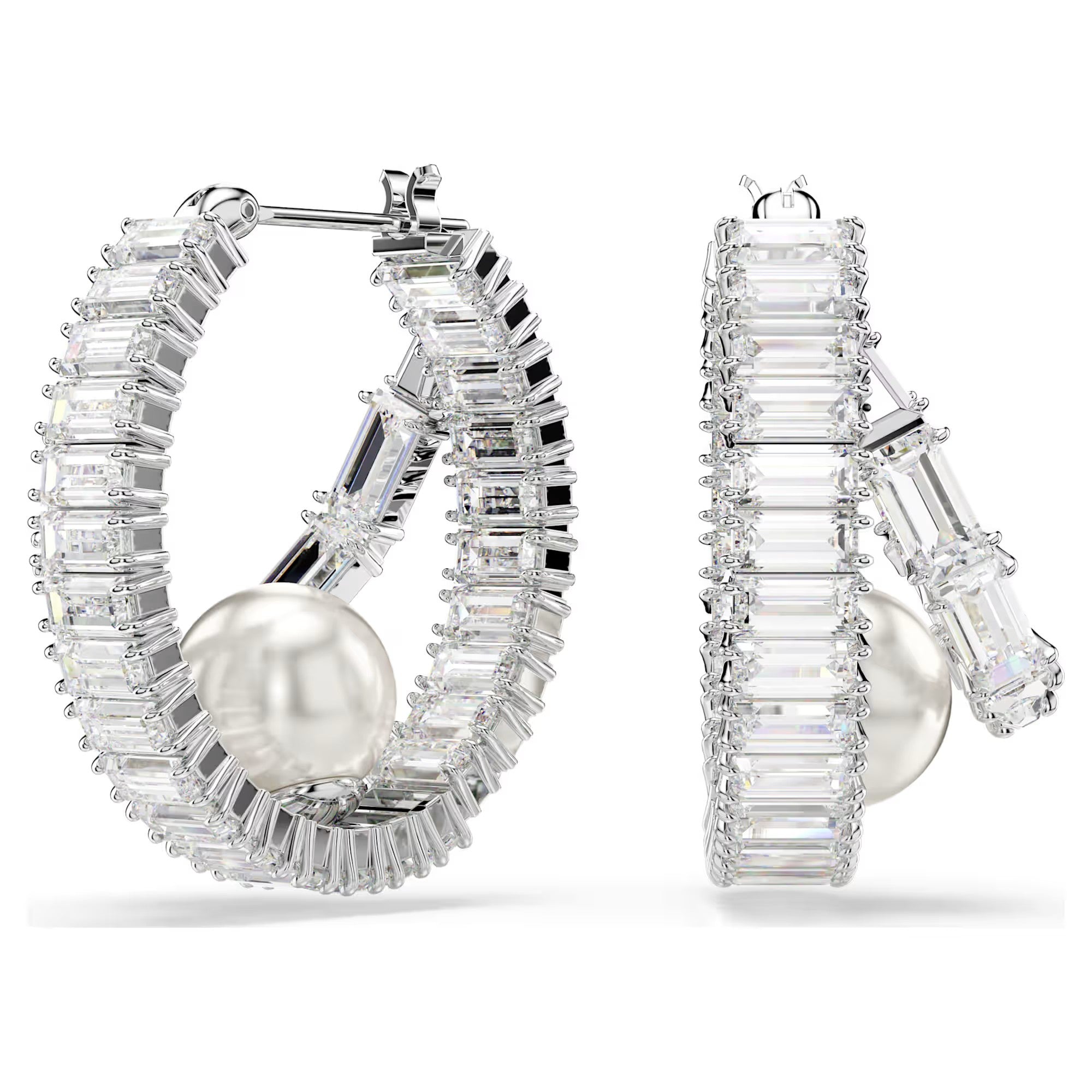 Ariana Grande x Swarovski hoop earrings Crystal pearl, Baguette cut, White, Rhodium plated Design Number 5720868
